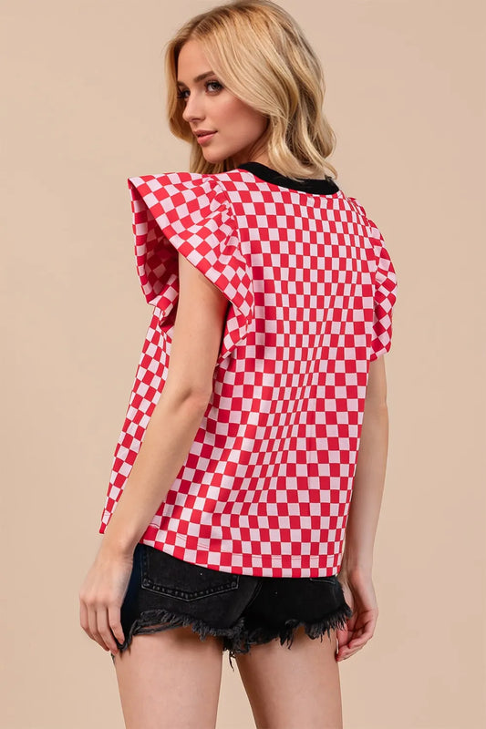 Oh Checkered Round Neck Puff Sleeve Blouse - Velora