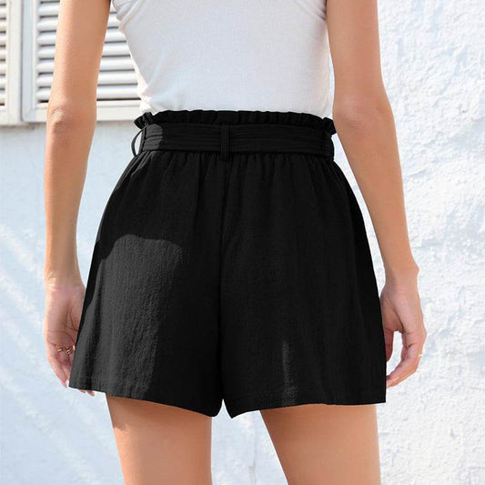 Fashion Ruffle Bow Waist Tie Shorts Summer Beach Pants With Pockets Womens Clothing - Velora