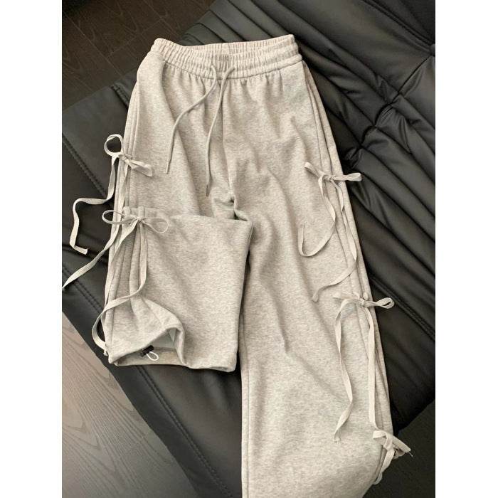 Fashion Vintage Bow lace up Drawstring Wide leg sweat pant for women - Velora