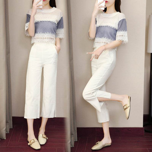 summer new female fashion suit spring and autumn fashion Korean version of temperament, slim waist waist leg pants two sets - Velora