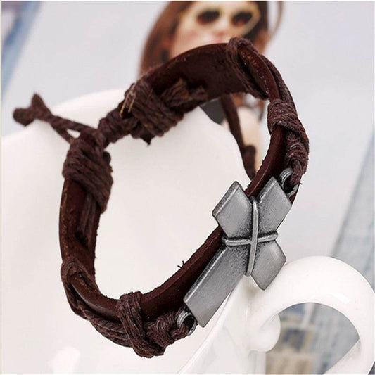 Brown Leather Cross Bracelets - Velora