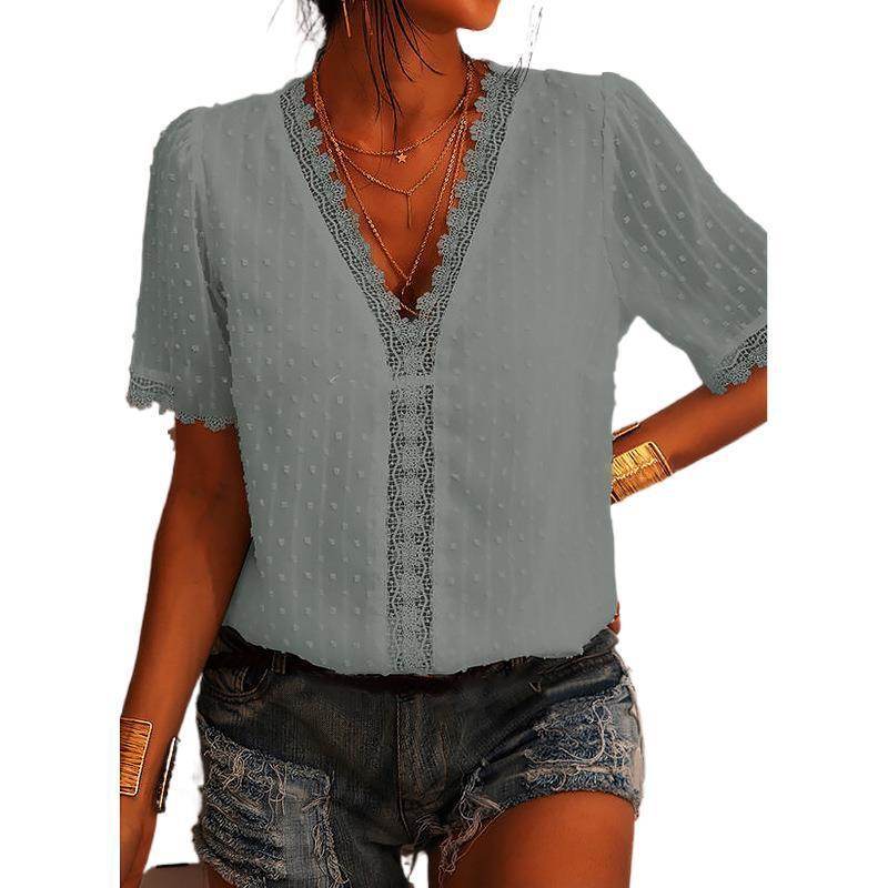 Women Chiffon blouse top European And American spring summer Embroidered Lace Short-Sleeved Blouse Women