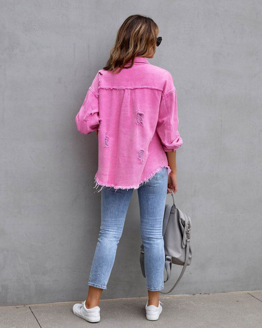 Fashion Ripped Shirt Jacket Female Autumn And Spring Casual Tops Womens Clothing - Velora