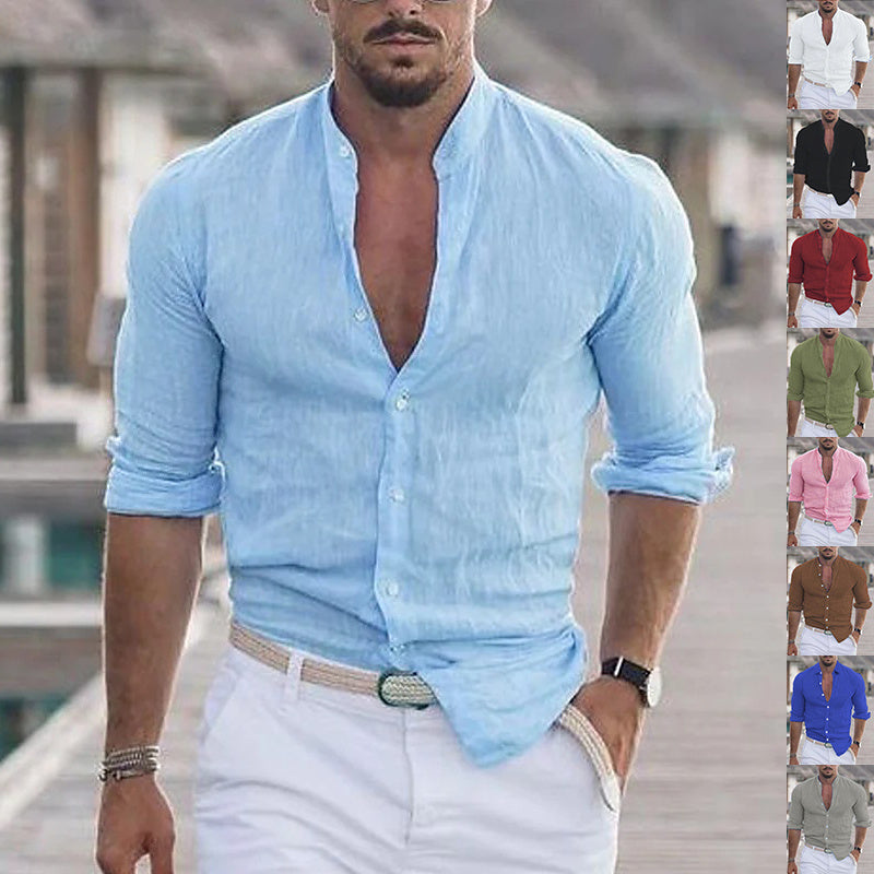 Men's Long Sleeve Shirt With Button Casual Solid Color Tops For Spring Autumn - Velora