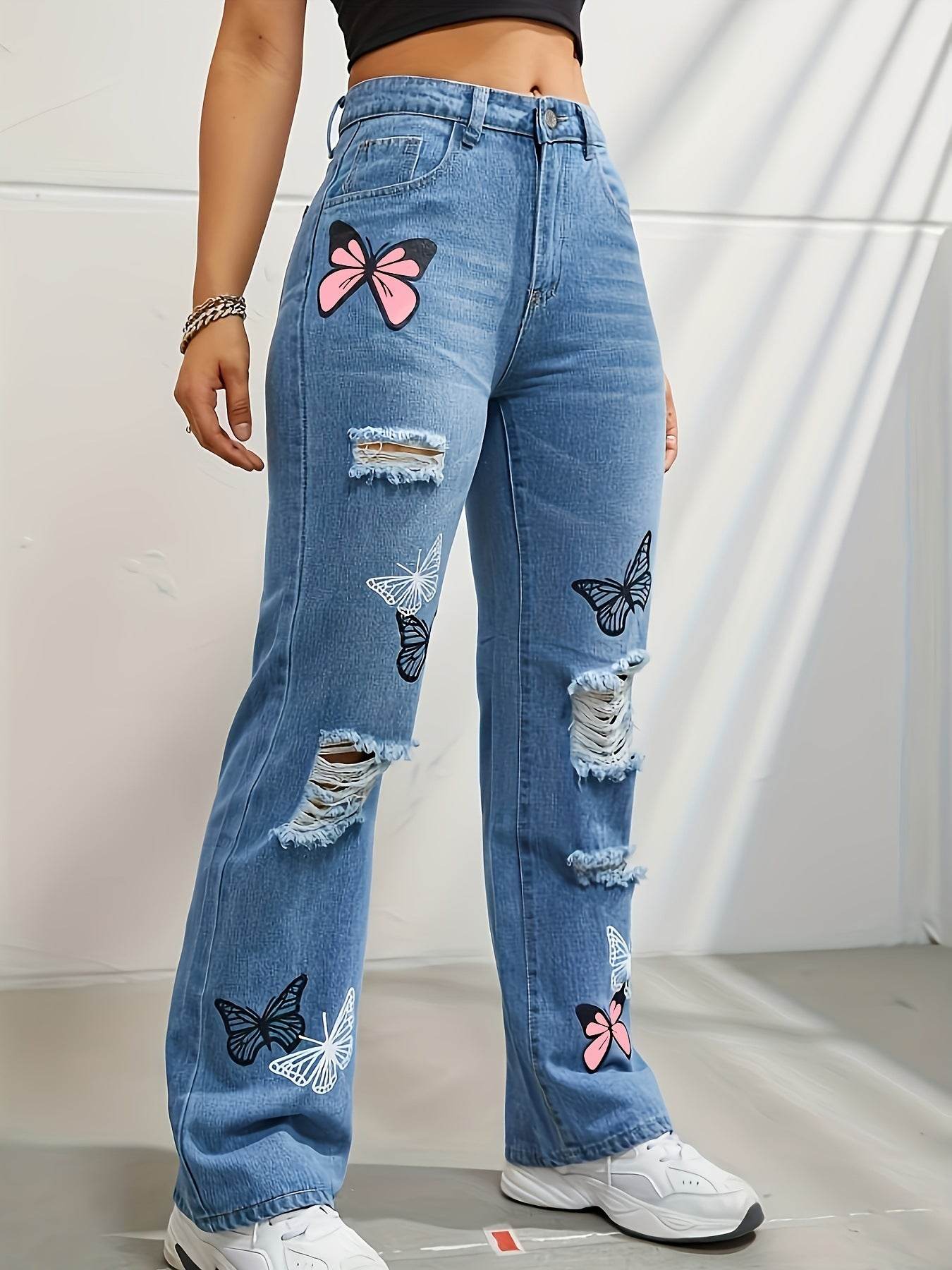 High Waisted Straight Leg Jeans For Women Trendy Butterfly Print Ripped Distressed Denim Pants - Velora