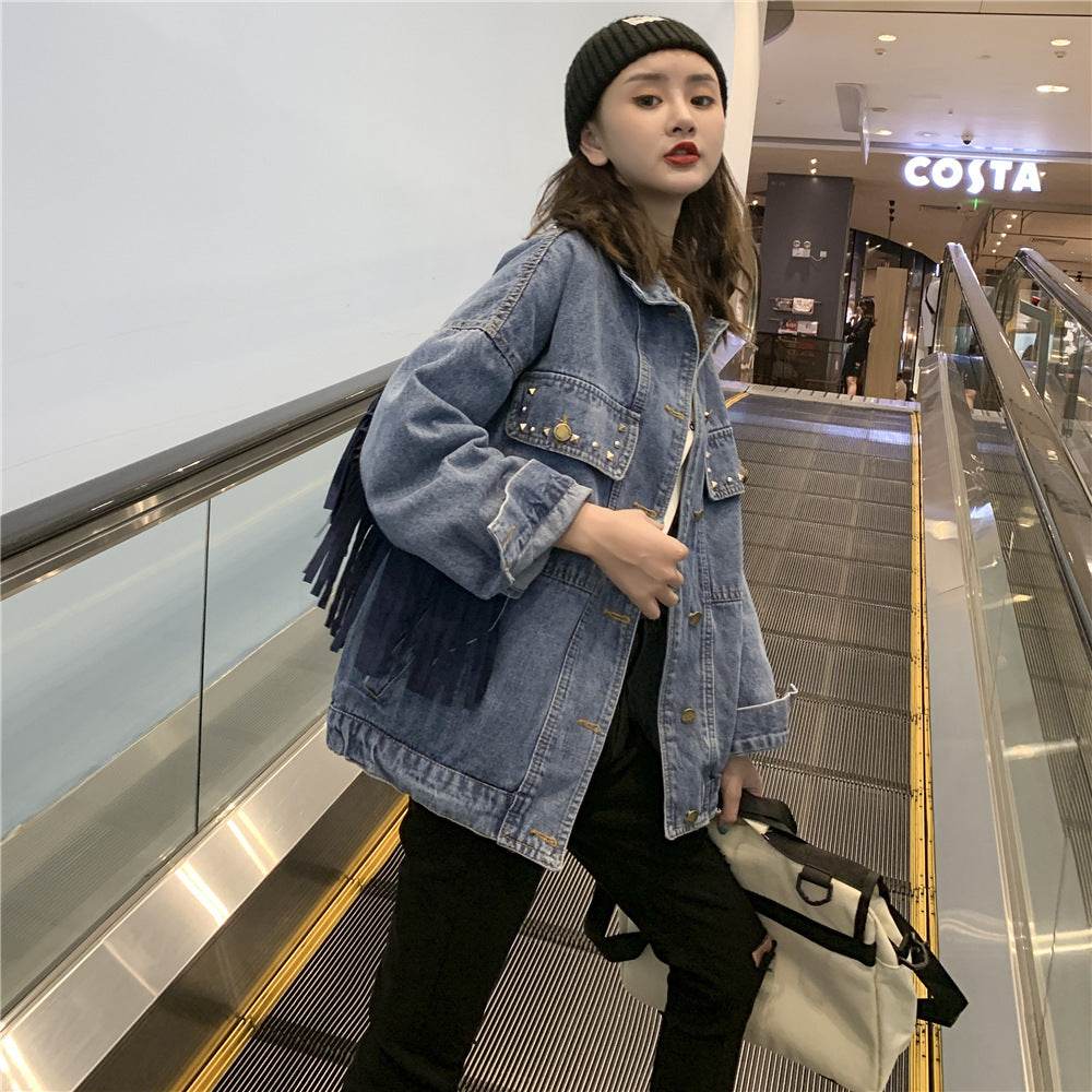 Elegant women Oversized Embroidered Tassel Fringe Denim Jacket - Velora
