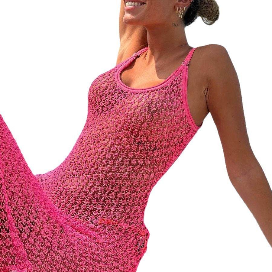 Solid Color Knitted Hollow Beach Bikini Swimsuit Blouse - Velora