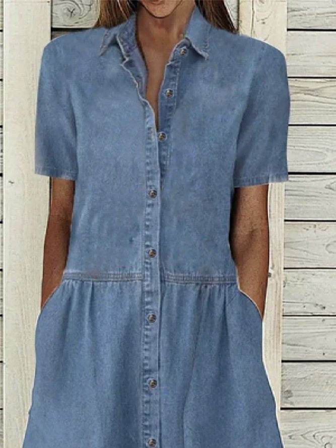 Women's European And American Lapel Casual loose button down Midi Denim jeans Mum Dress - Velora