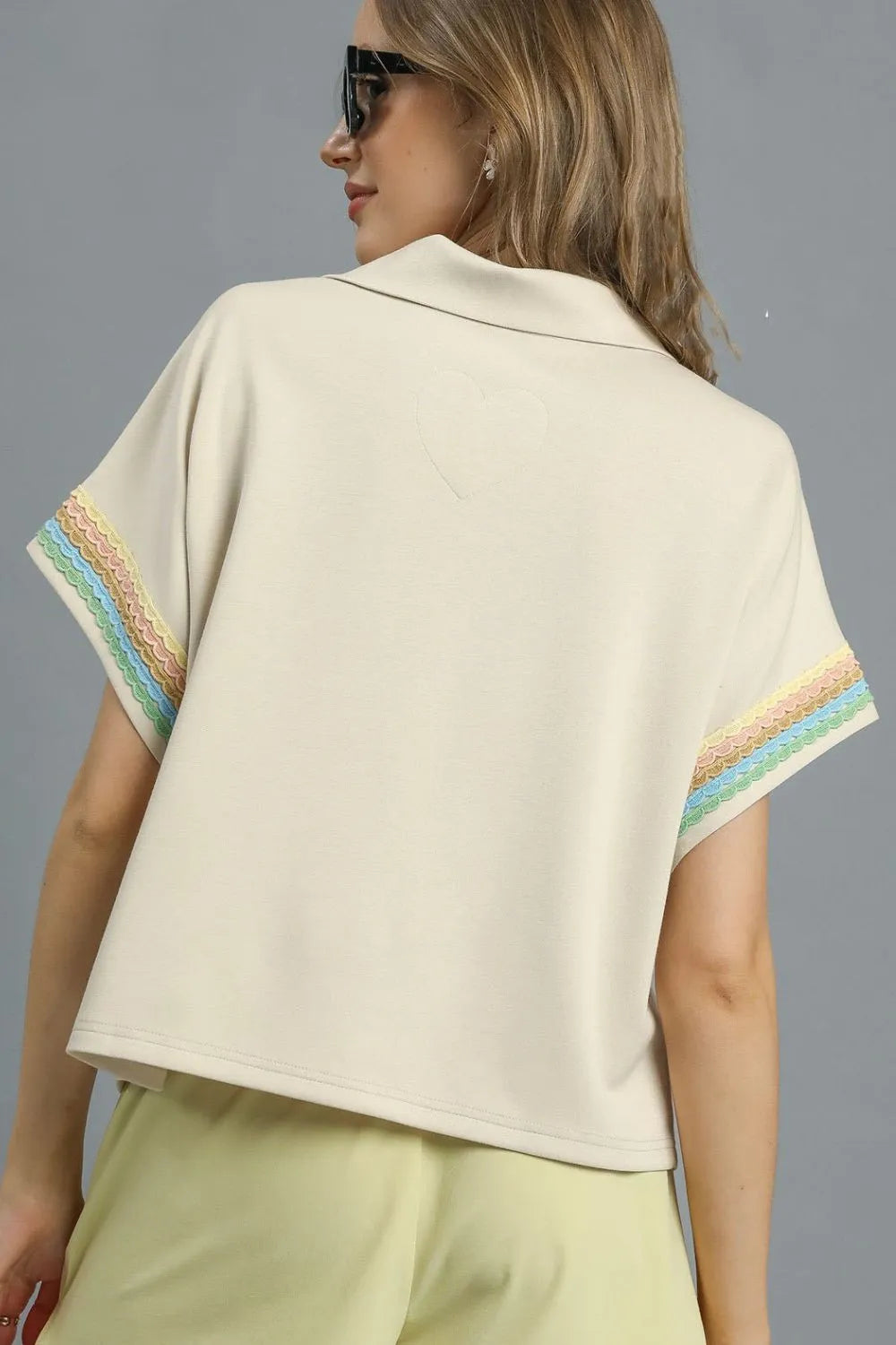 Umgee Contrast Trim Half Zip Collared Blouse - Velora