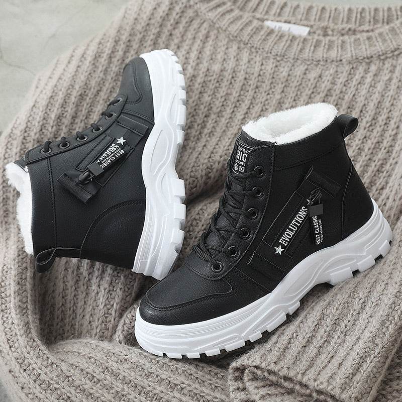 Fleece Lace-up Boots Winter Warm Short Plush High-top Shoes - Velora