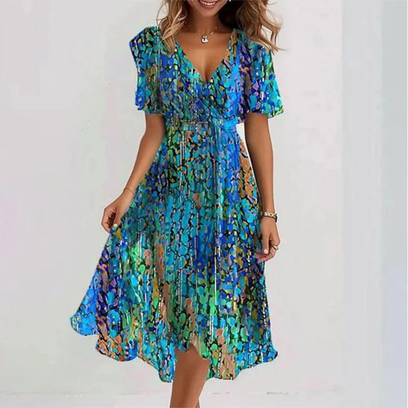 Flowers Printed V-neck Dress Summer A-line Short-sleeved Dresses For Women Velora