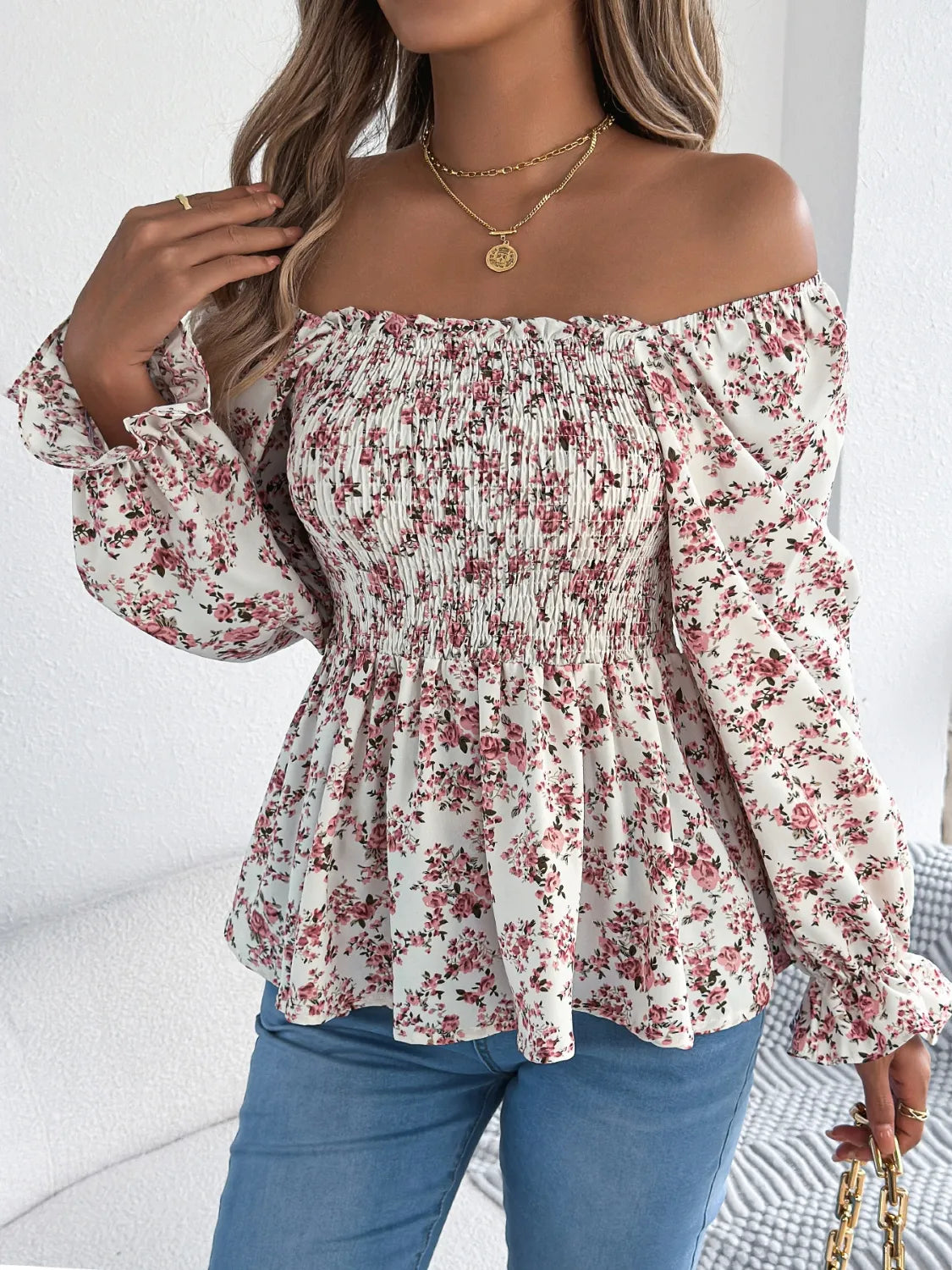 Floral Square Neck Flounce Sleeve Blouse - Velora