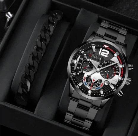 2pcs Men's New Popular Steel Strip Fashion Business Three Eye Quartz Watch Bracelet Set Valentine's Day Gifts - Velora