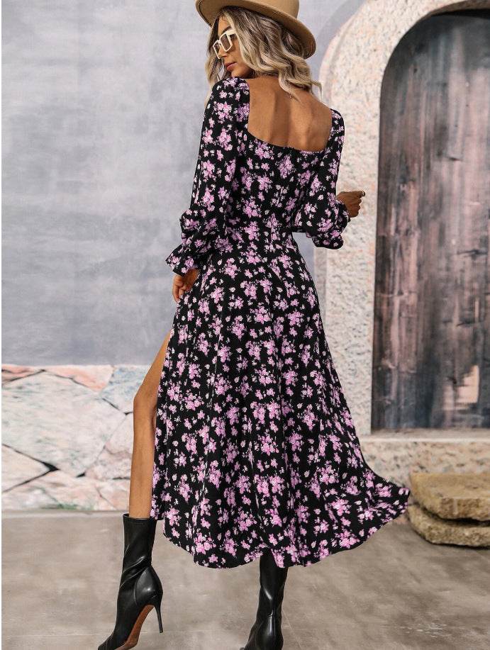 Flowers Printing Long Sleeve Dress Fashion Square-neck Bottom Slit Dresses Womens Clothing - Velora