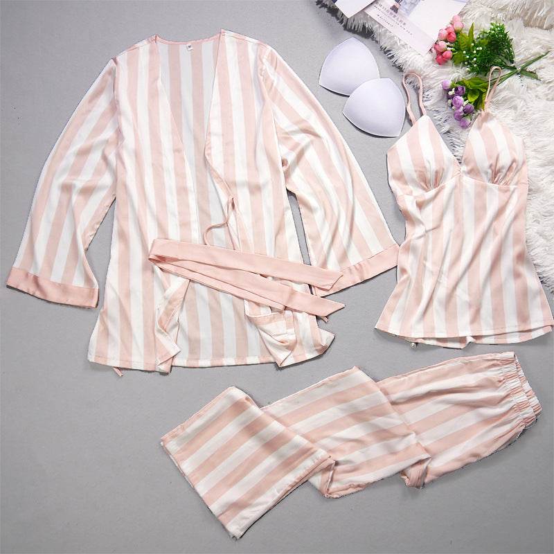Ladies' Pajamas Summer Leisure Sexy Ice Silk Stripes, Suspenders, Trousers, Nightgowns, Three Sets Of New Silk Pajamas. - Velora