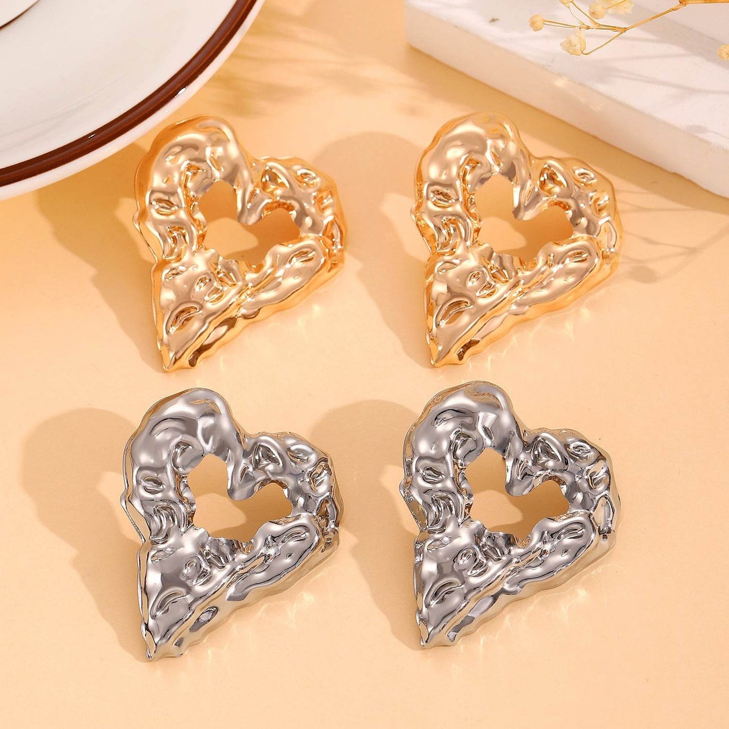 New Pleated Lava Hollow Heart-shaped Earrings Personality Exaggerated Love Earrings For Women Valentine's Day Jewelry - Velora