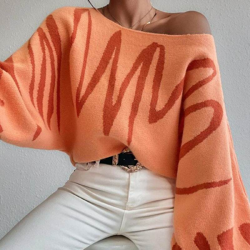 New Lantern-sleeved Pullover Sweater Fashion Line Printed Loose Tops Women's Clothing - Velora