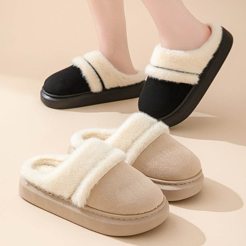 Fashion Warm Cotton Slippers For Women Leisure Thick Bottom Non-slip Plus-velvet House Shoes Winter Bedroom Floor Suede Slipper - Velora