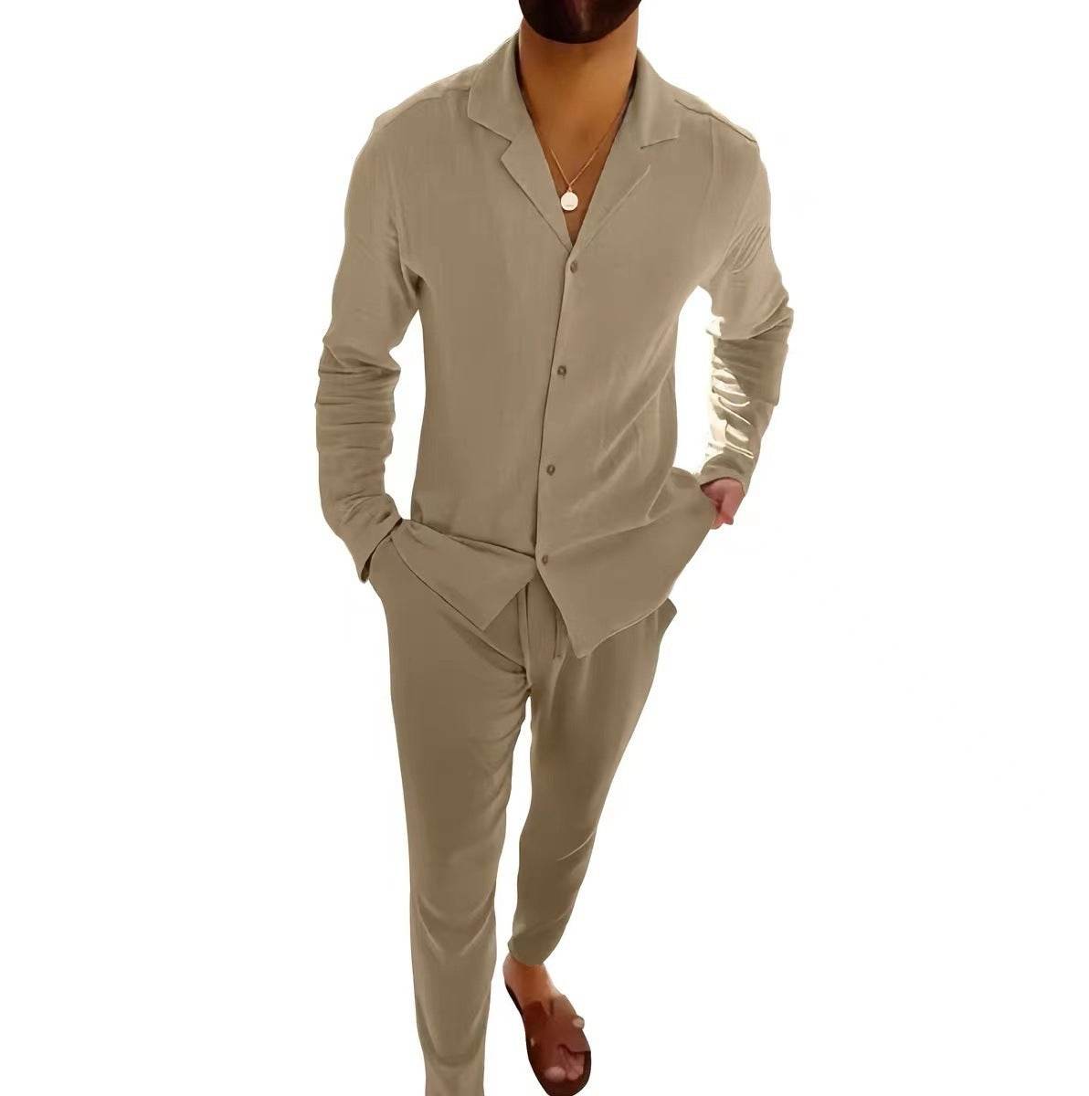 Casual Long-sleeved Suits Fashion Lapel Single-breasted Shirt Top And Slim-fit Trousers Men Clothing - Velora