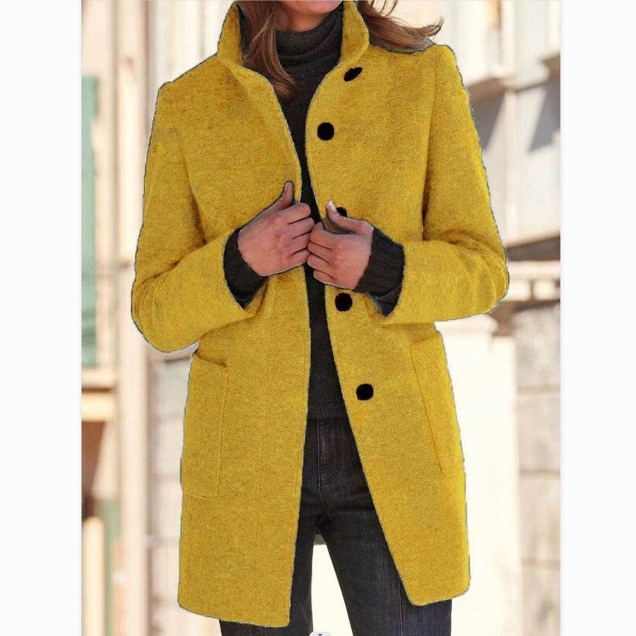 Fashion Stand Collar Woolen Coat With Pockets Fall Winter Casual Button Outwear For Women Clothing - Velora