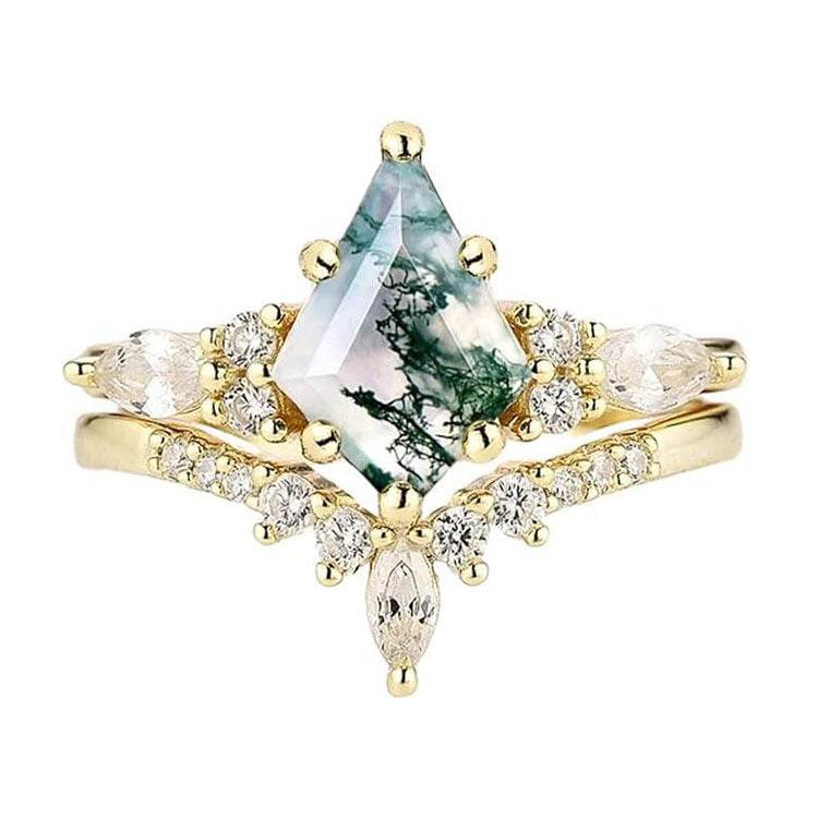 2pcs Fashion Rings Natural Green Moss Stone Agate Ring For Women Personalized Jewelry - Velora