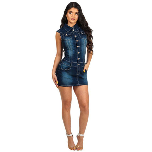 Chic Club Mini Jeans Dress Button down short sleeve Denim Hip dress - Velora