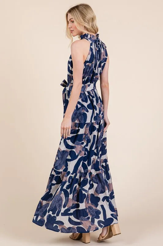 Lime 'N' Chili Abstract Halter Neck Tie-Waist Tiered Maxi Dress - Velora