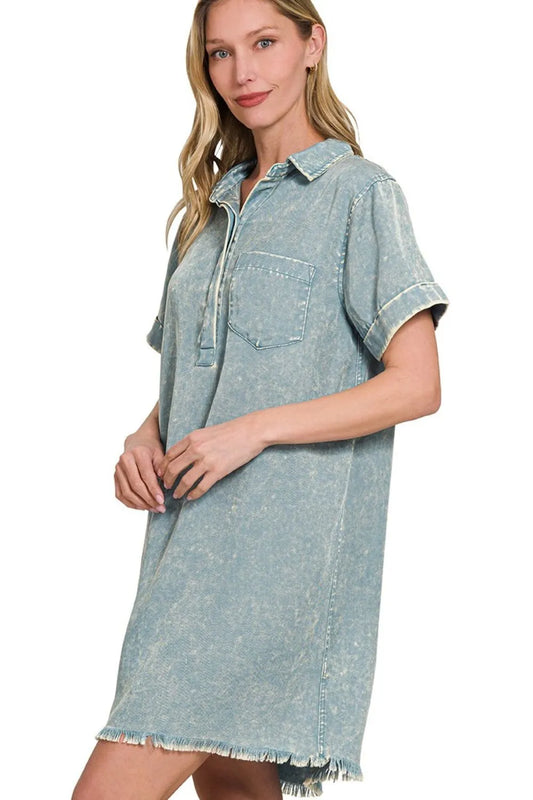 Zenana Tencel Mineral Washed Collared Shirts Dress - Velora