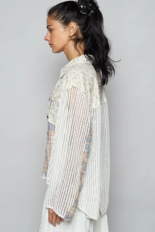 POL Floral Slit Back Plaid Patchwork Shirt - Velora