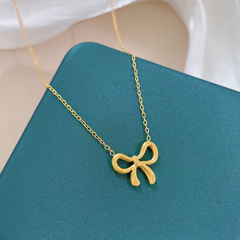 Whole Titanium Steel Mori Style Bowknot Minimalist Style Real Gold Clavicle Necklace For Women - Velora