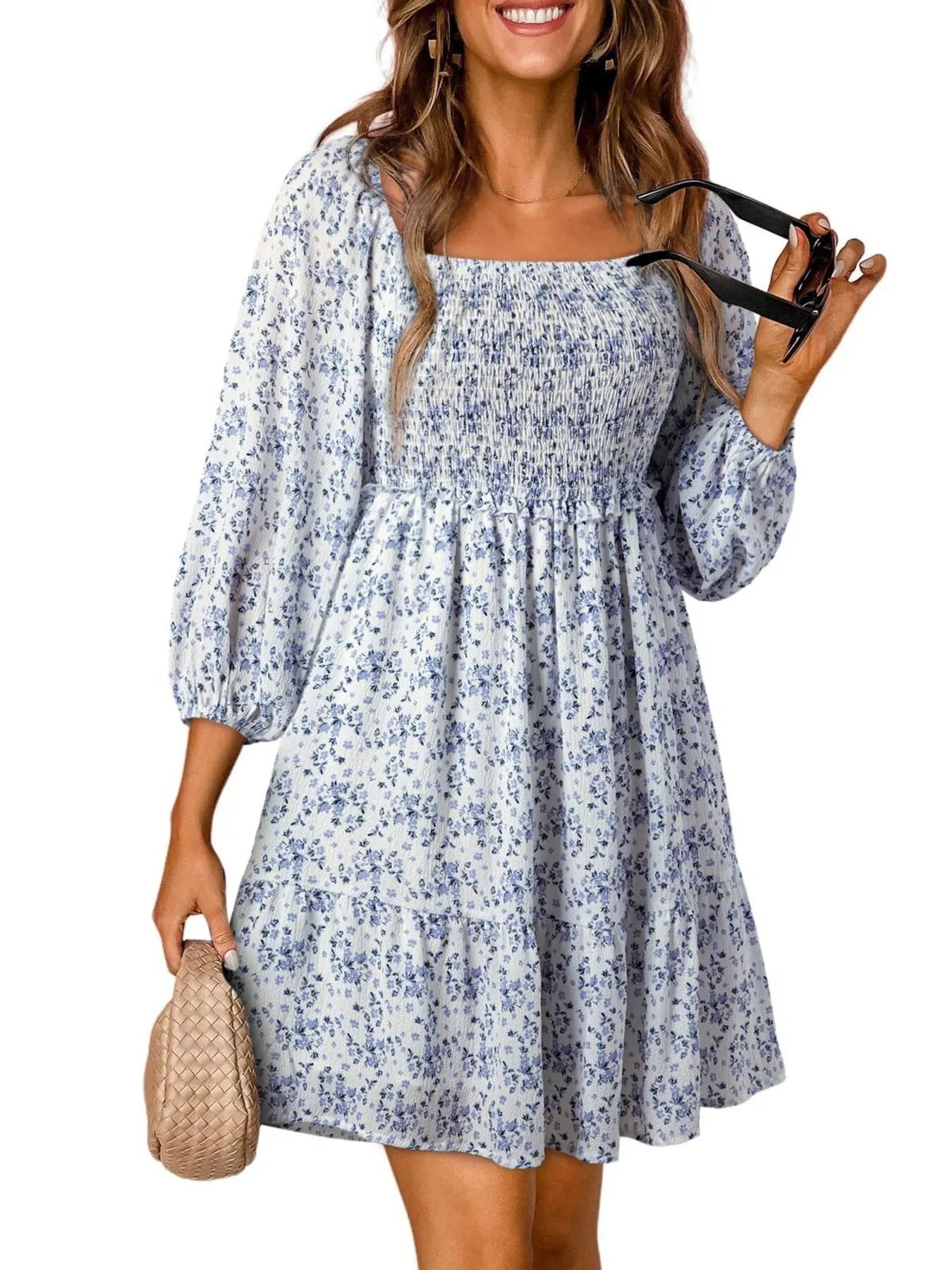Floral Smocked Square Neck Mini Dress - Velora