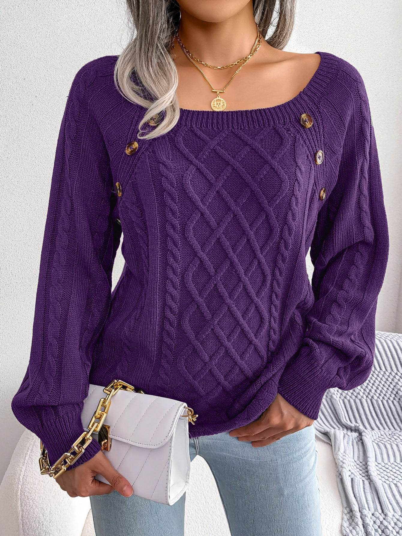 Square Neck Knitted Sweater With Button Design Winter Warm Long Sleeve Tops Women's Clothing - Velora