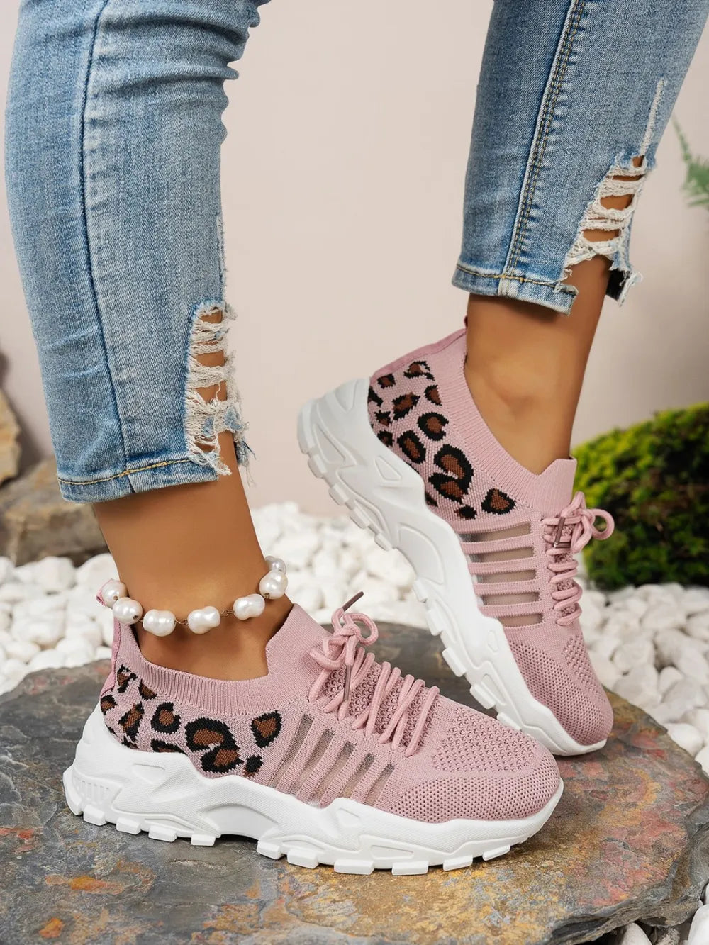 Cutout Leopard Lace Up Mesh Athletic - Velora