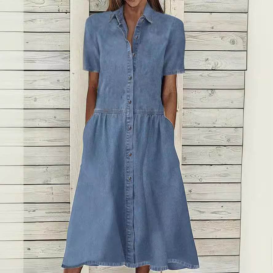 Women's European And American Lapel Casual loose button down Midi Denim jeans Mum Dress - Velora