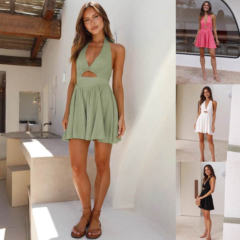 Vintage Women Hollow Out Short Dress Summer V-neck Halter Dress Sleeveless Mini Dresses Backless Holiday Beach Sundress Vestidos - Velora