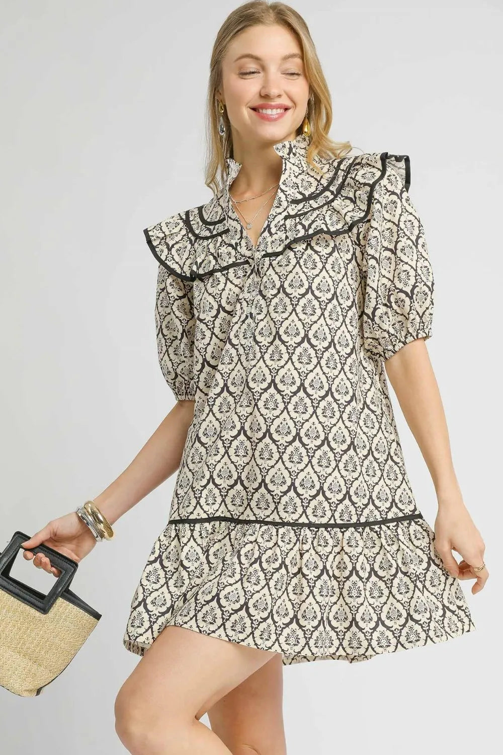 Umgee Ruffled Printed Puff Sleeve Mini Dress - Velora