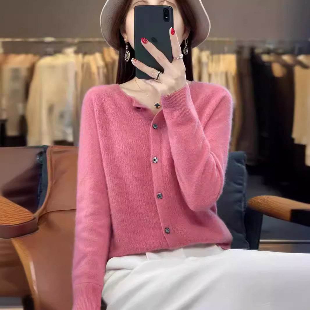 Fashion Merino Wool Cardigan Sweater Women O-Neck Long-sleeve Cashmere Knitwear Spring Autumn Female Clothing Tops - Velora