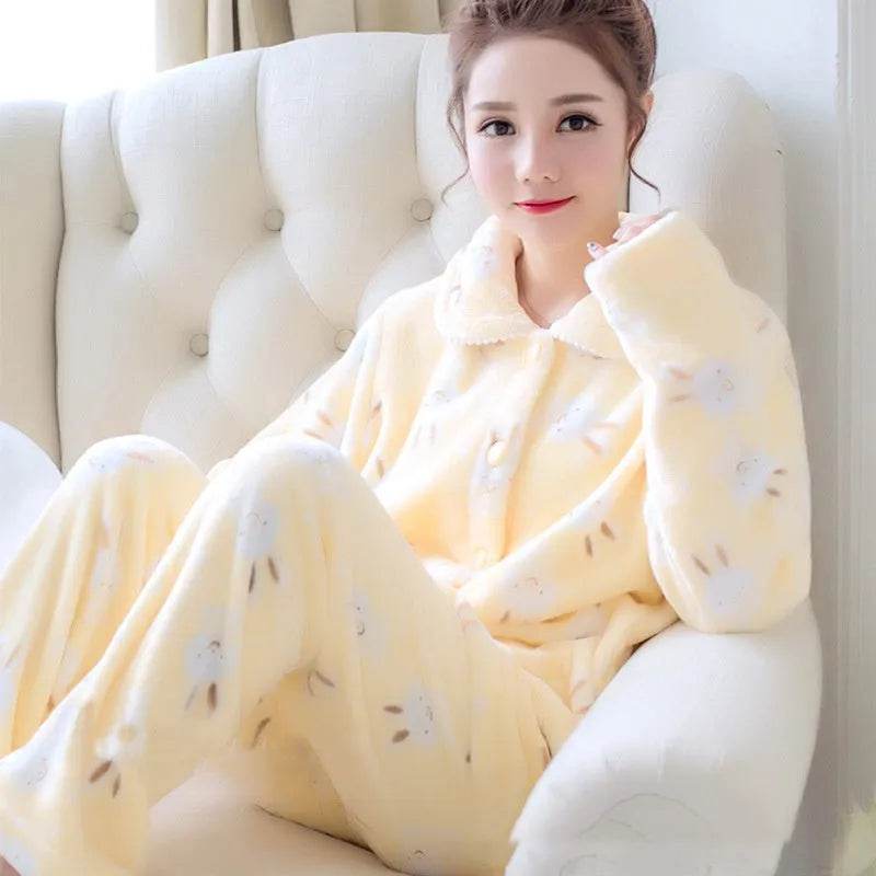 Women Coral Velvet Fleece Pajamas Fall Winter Loungewear Flannel Sleepwear - Velora