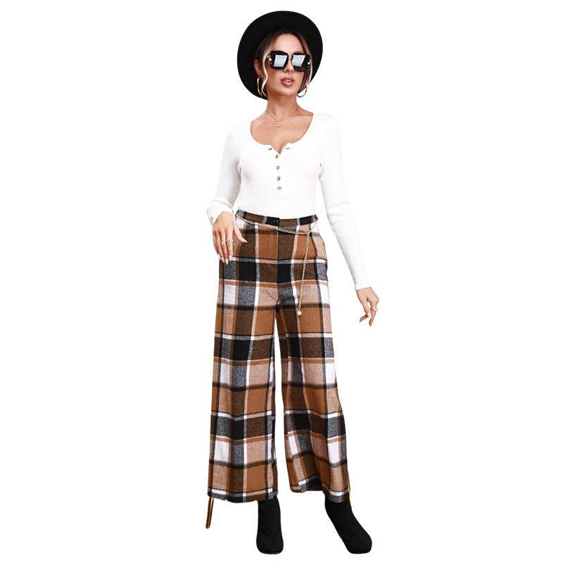 High Waist Casual Trousers Khaki Plaid Straight-leg Pants - Velora