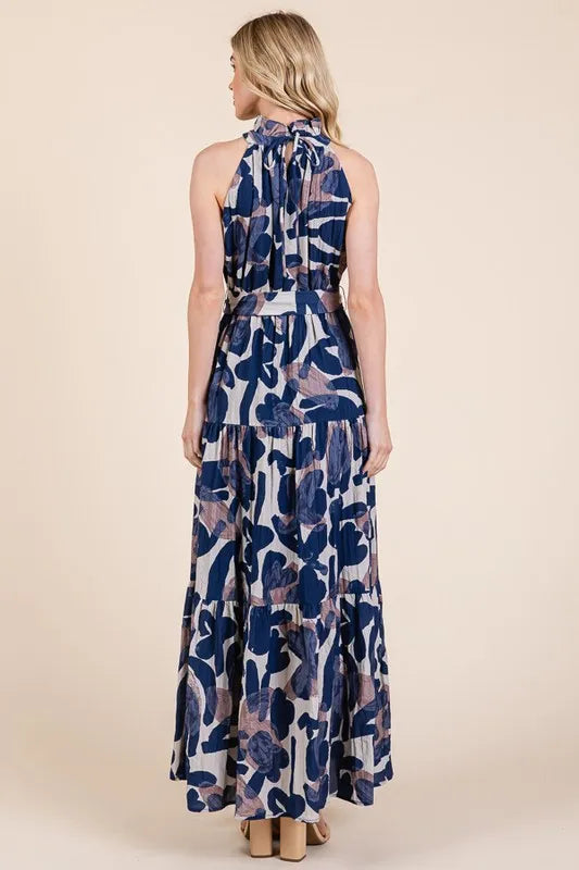 Lime 'N' Chili Abstract Halter Neck Tie-Waist Tiered Maxi Dress - Velora