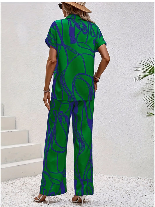 Printed Button Up Shirt and Pants Set - Velora