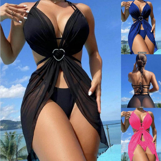 3pcs Halter Neck Bikini Beach Summer Solid Color Split Swimsuit Womens Clothing - Velora