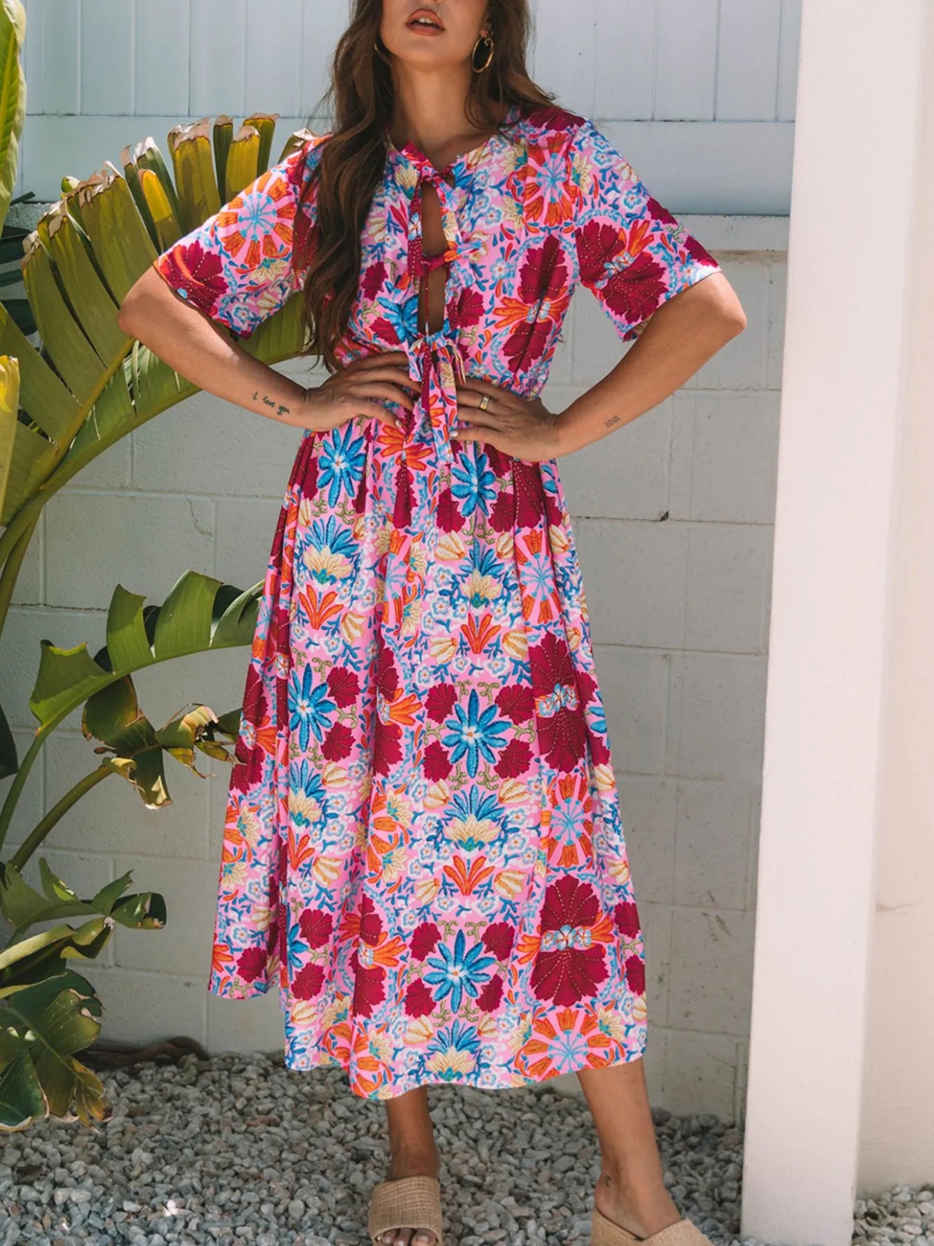 Floral Print Tie Front Midi Dress - Velora