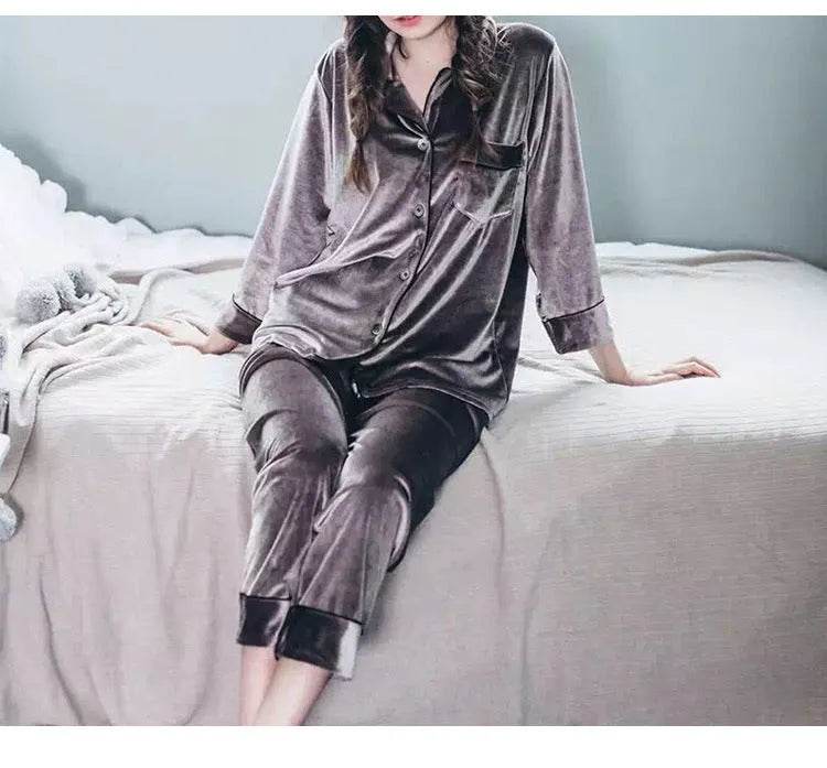 2pcs Couple Gold Velvet Long Sleeve Pajamas set - Velora