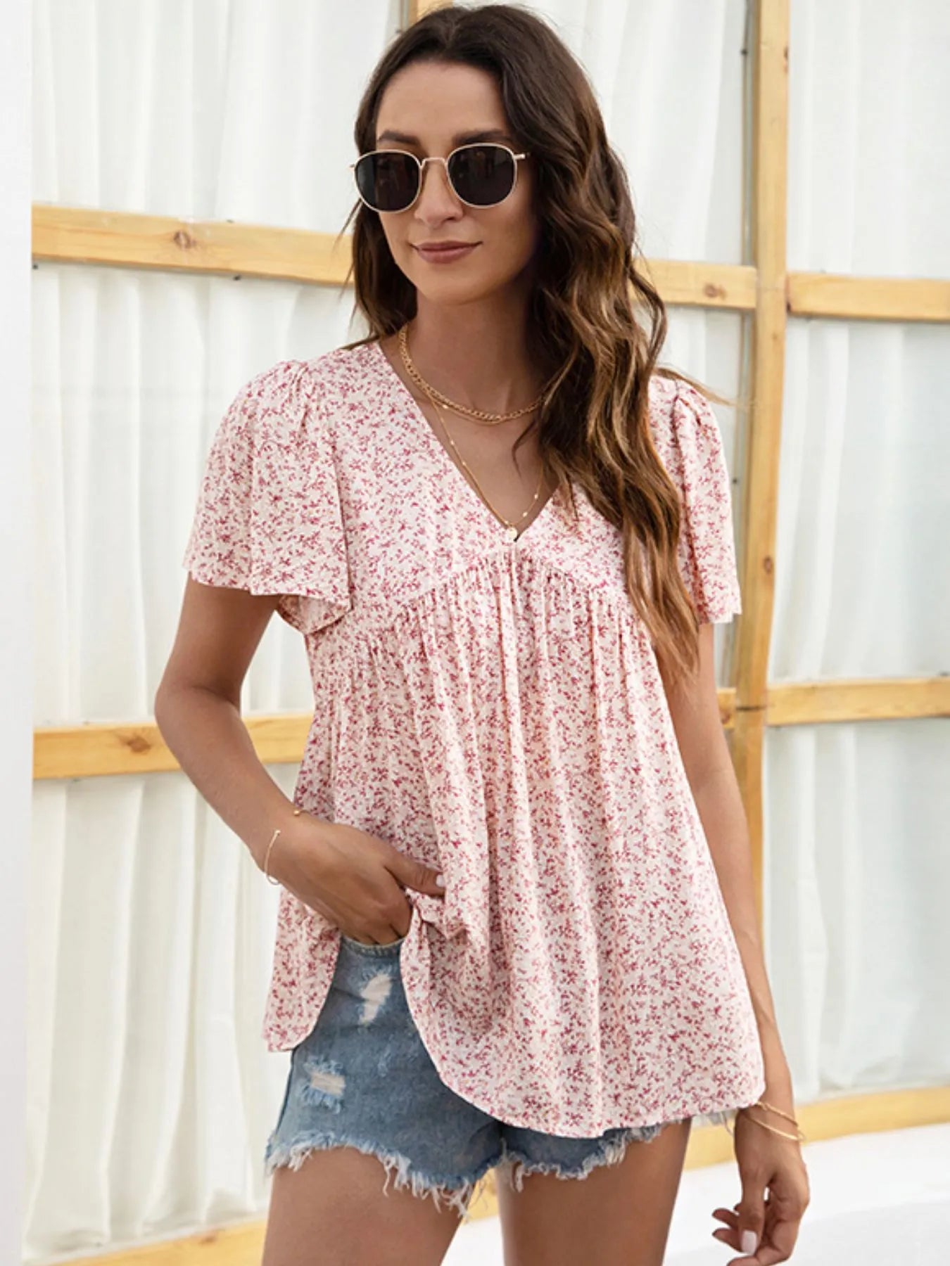 Floral Print V-neck Flutter Sleeve Babydoll Blouse - Velora