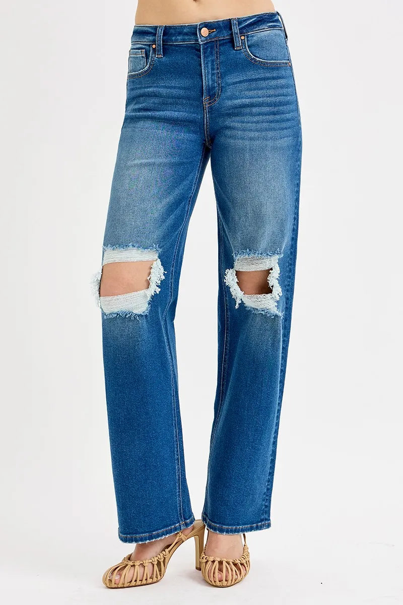RISEN Full Size Mid Waist Fit Boyfriend Knee Distressed Jeans Plus Size - Velora