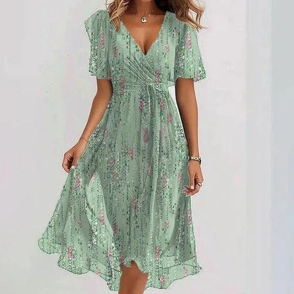Flowers Printed V-neck Dress Summer A-line Short-sleeved Dresses For Women Velora