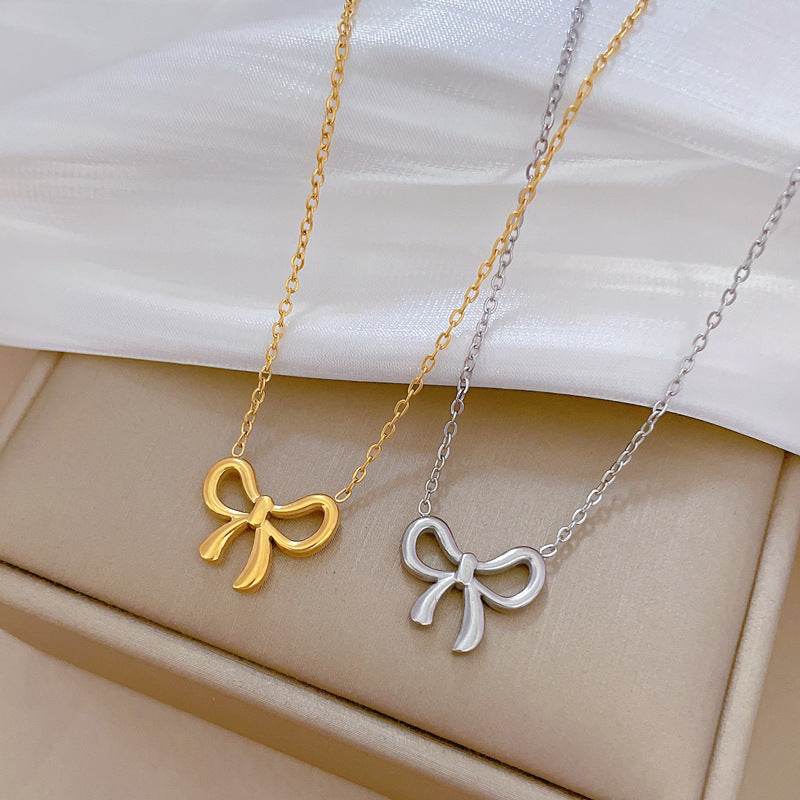 Whole Titanium Steel Mori Style Bowknot Minimalist Style Real Gold Clavicle Necklace For Women - Velora
