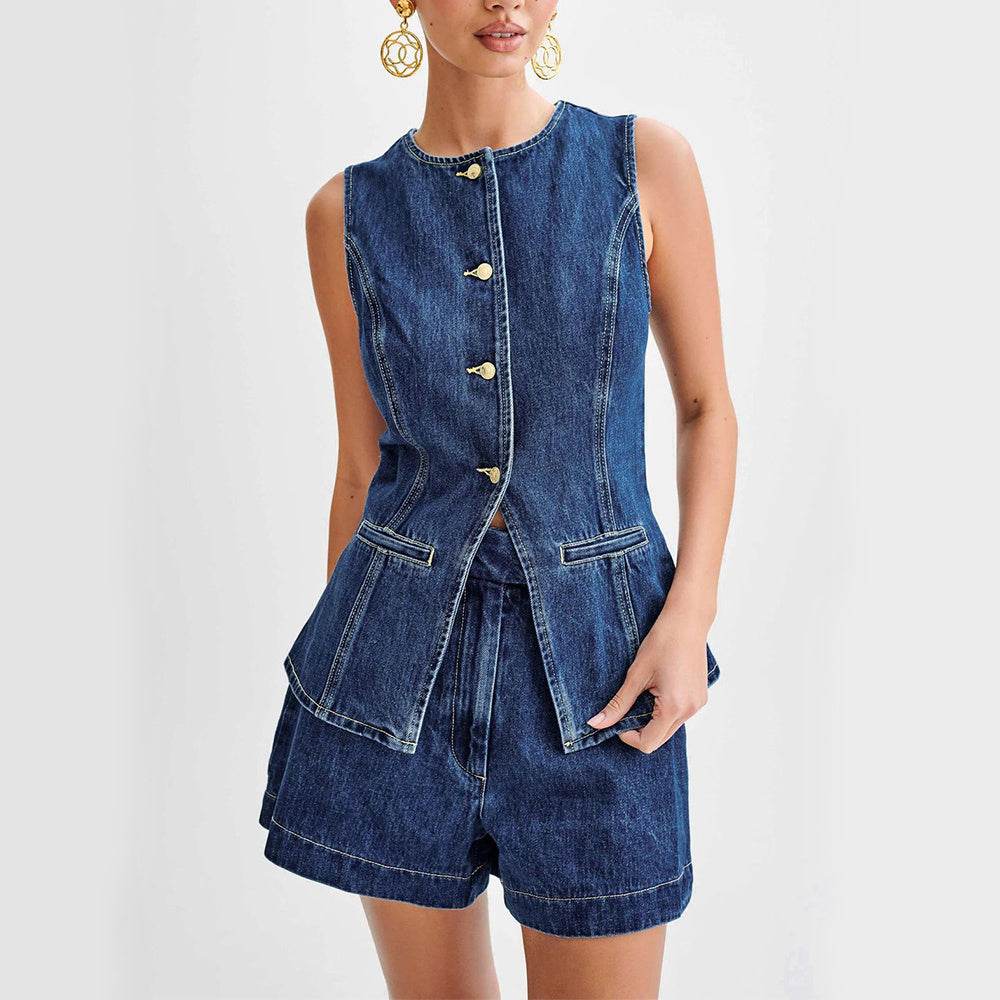 Fashion Denim Suit Summer Casual Sleeveless Button Vest Top And High Waist Shorts Set For Womens Clothing - Velora