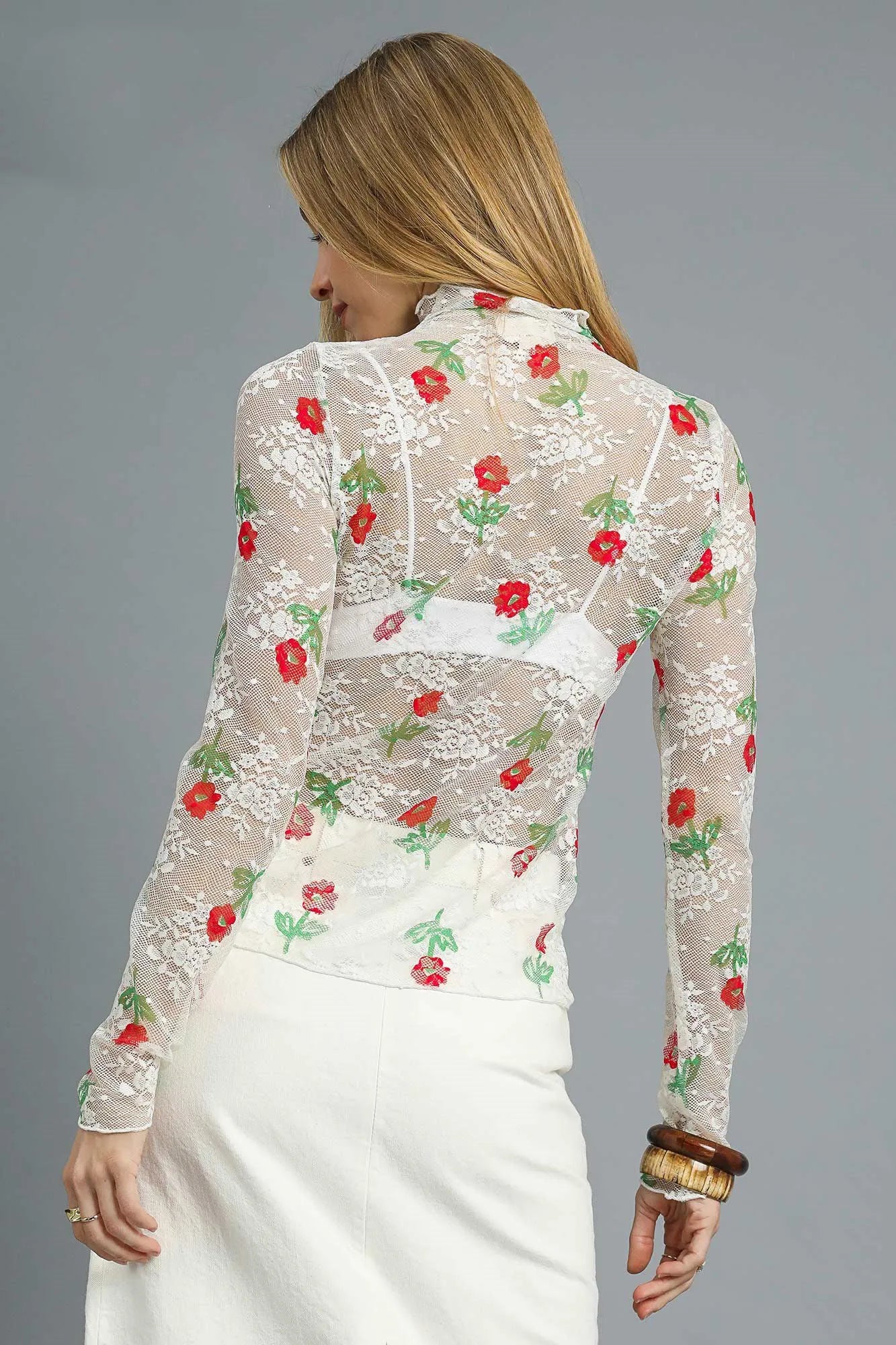 Umgee Floral Mock Neck Long Sleeve Sheer Top - Velora